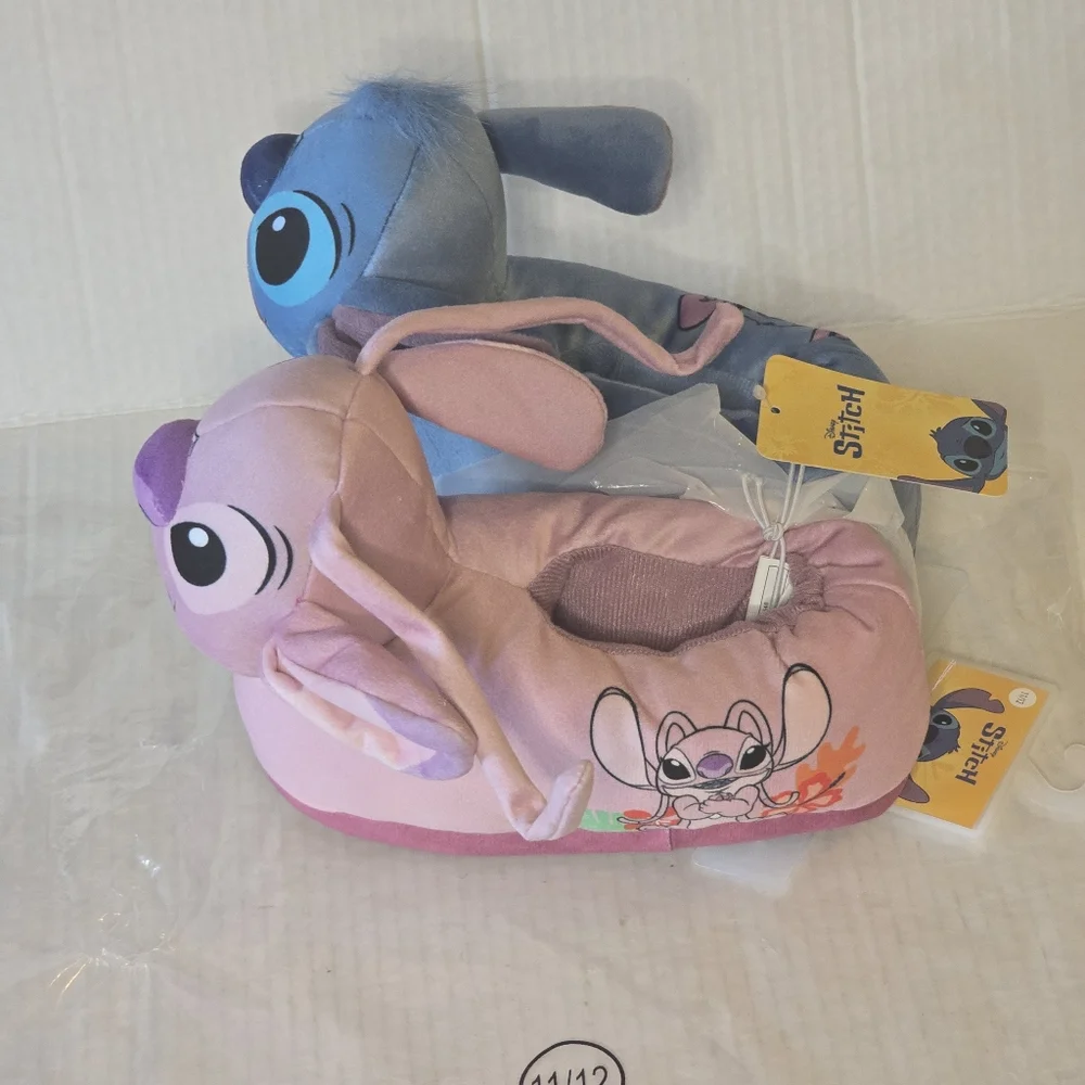 Disney Stitch & Angel Slippers Kids Size 11/12 Plush Lilo & Stitch Blue Pink